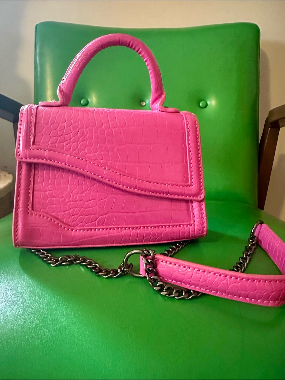 Zara Hot Pink Croc-Embossed Top Handle Crossbody